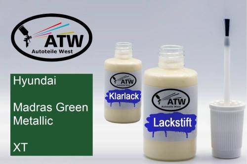 Hyundai, Madras Green Metallic, XT: 20ml Lackstift + 20ml Klarlack - Set, von ATW Autoteile West.